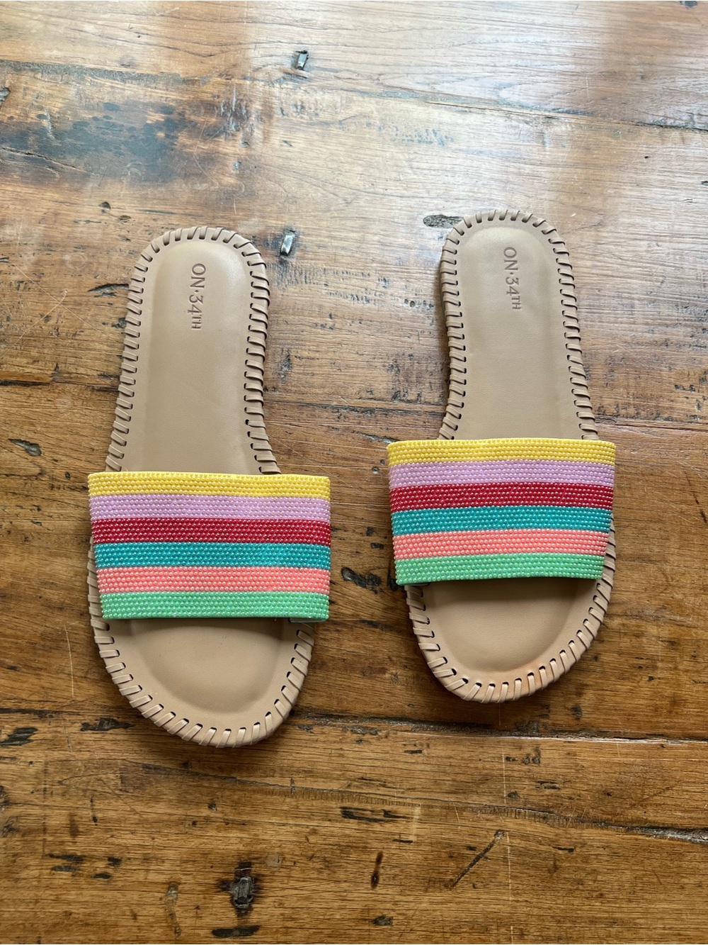 Striped Beaded Slide Sandals in Yellow, Pink & Green